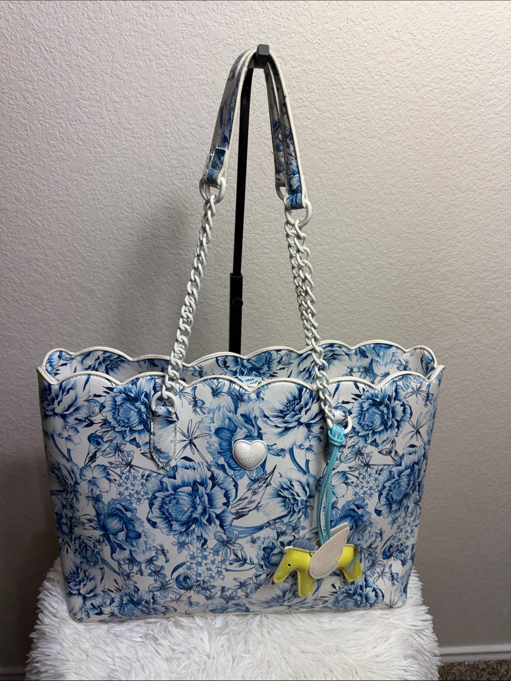 Betsey Johnson Blue Floral Scallop Edge Large Tote Bag with Charm